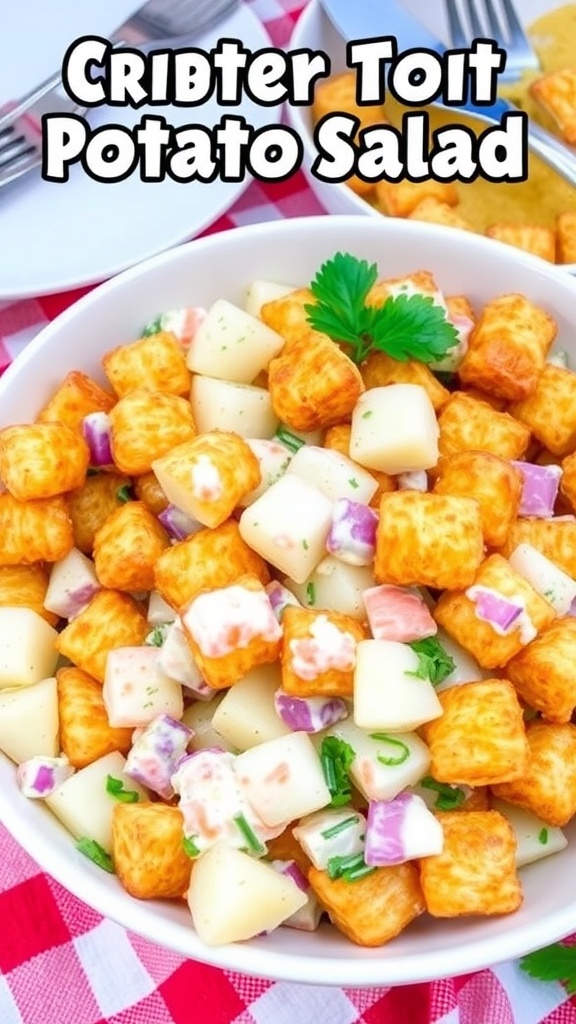A bowl of crispy tater tot potato salad with tater tots, potatoes, and vegetables, garnished with parsley.